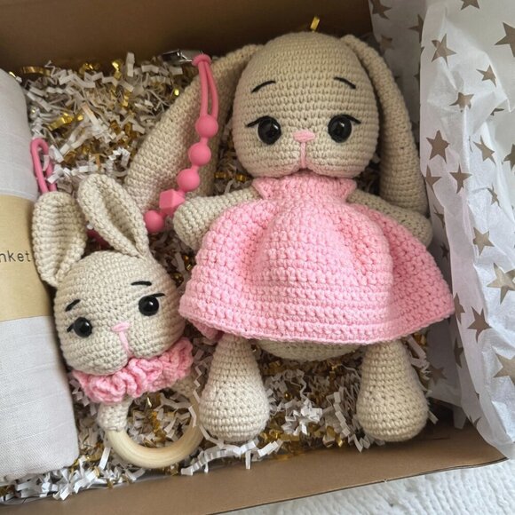 Handmade Baby Gift Set – Crochet Bunny, Rattle, Swaddle & Pacifier Clip - Picture 1 of 8